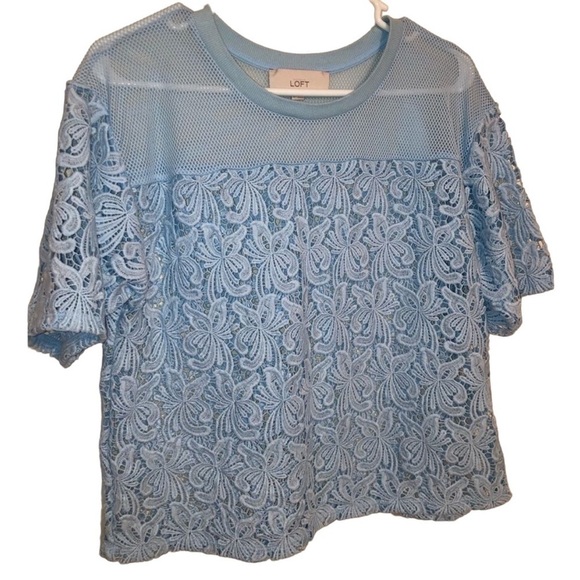 LOFT Women’s Baby Blue Floral Stitched Cropped Mesh Top - Picture 1 of 4
